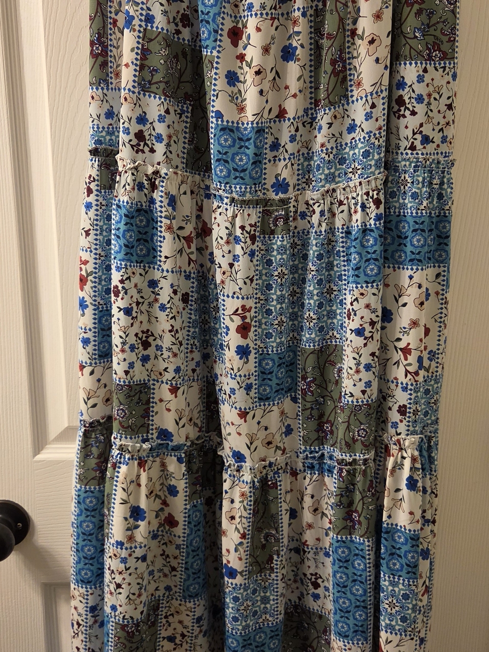 Women's Blue Patchwork Floral Tiered Maxi Skirt